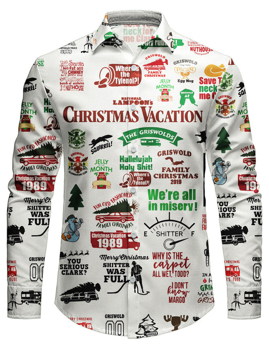 Chemise boutonnée à manches longues et imprimé humoristique pour homme avec motif vacances de Noël