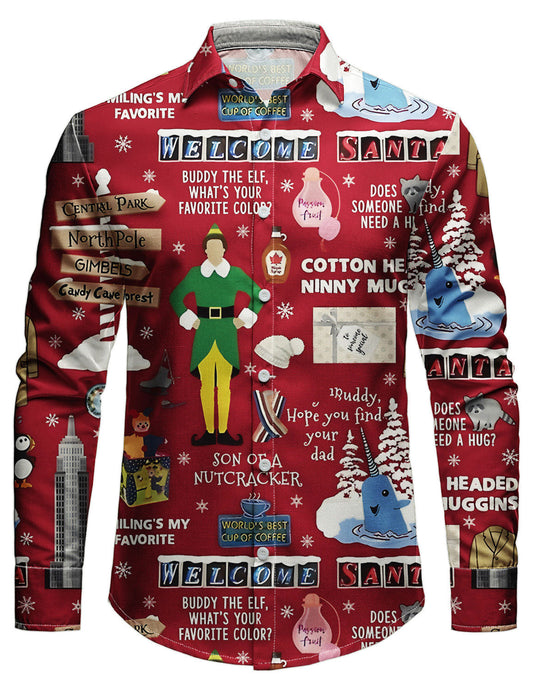 Chemise boutonnée à manches longues pour homme avec imprimé vacances de Noël