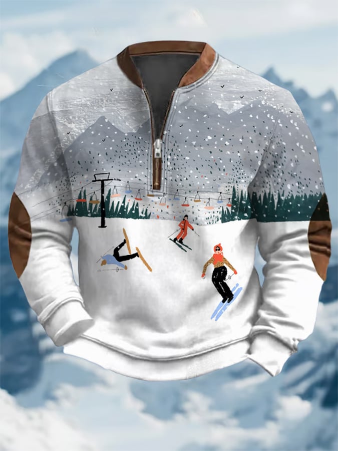 46. Sweat-shirt zippé décontracté à imprimé rétro pour passionnés de ski pour homme
