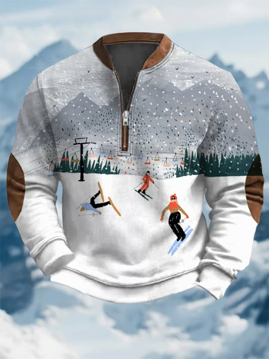 46. Sweat-shirt zippé décontracté à imprimé rétro pour passionnés de ski pour homme