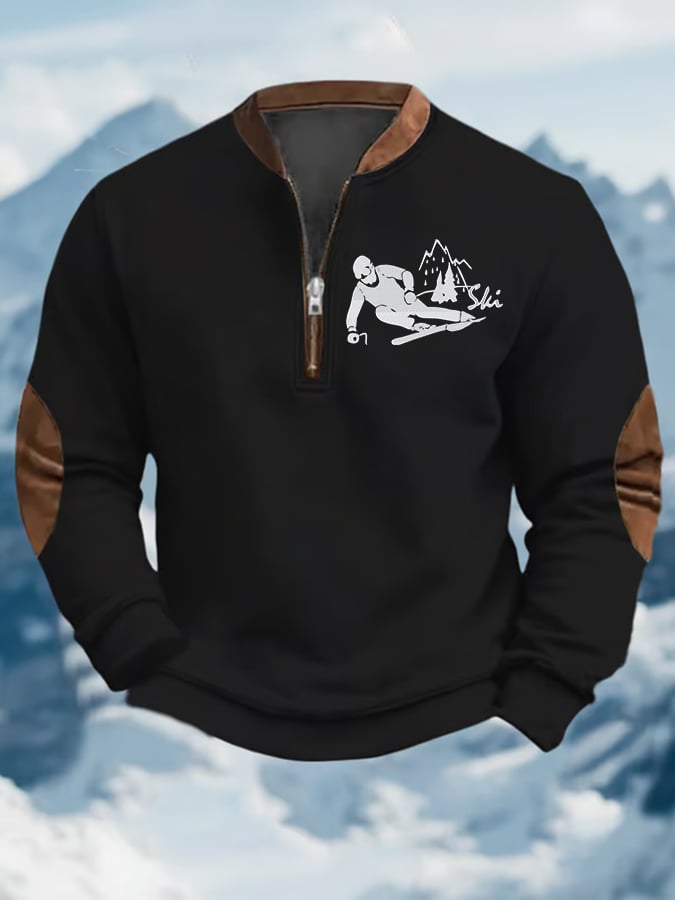 49. Sweat-shirt zippé décontracté à imprimé rétro de ski pour homme