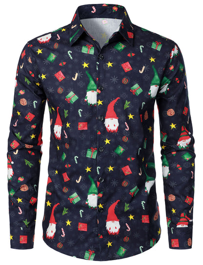 Chemise à manches longues bleue pour homme en coton avec gnome mignon Père Noël