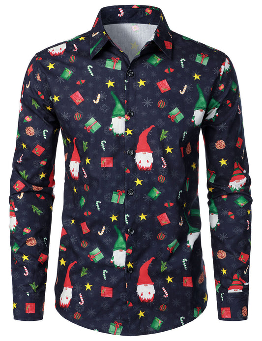 Chemise à manches longues bleue pour homme en coton avec gnome mignon Père Noël