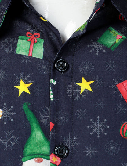 Chemise à manches longues bleue pour homme en coton avec gnome mignon Père Noël