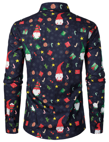 Chemise à manches longues bleue pour homme en coton avec gnome mignon Père Noël