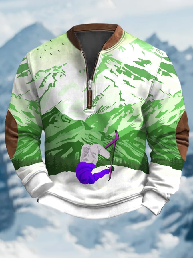 44. Sweat-shirt à col zippé imprimé au design vintage après-ski pour homme