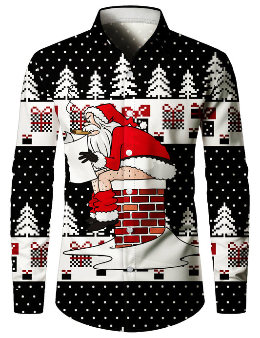 Chemise à manches longues pour hommes, moche avec père Noël drôle pour les fêtes de Noël