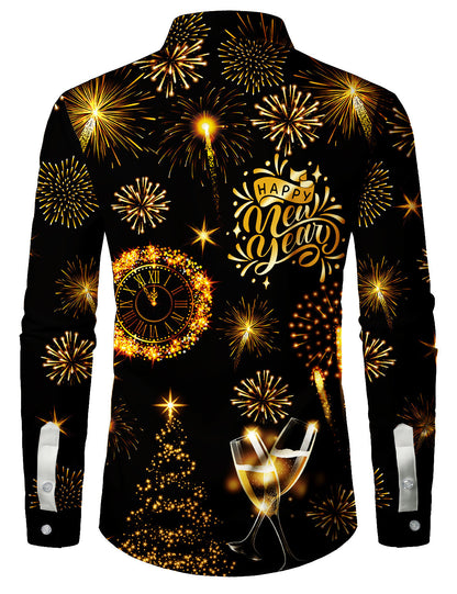 Chemise à manches longues pour hommes avec imprimé de feux d'artifice dorés pour le Nouvel An