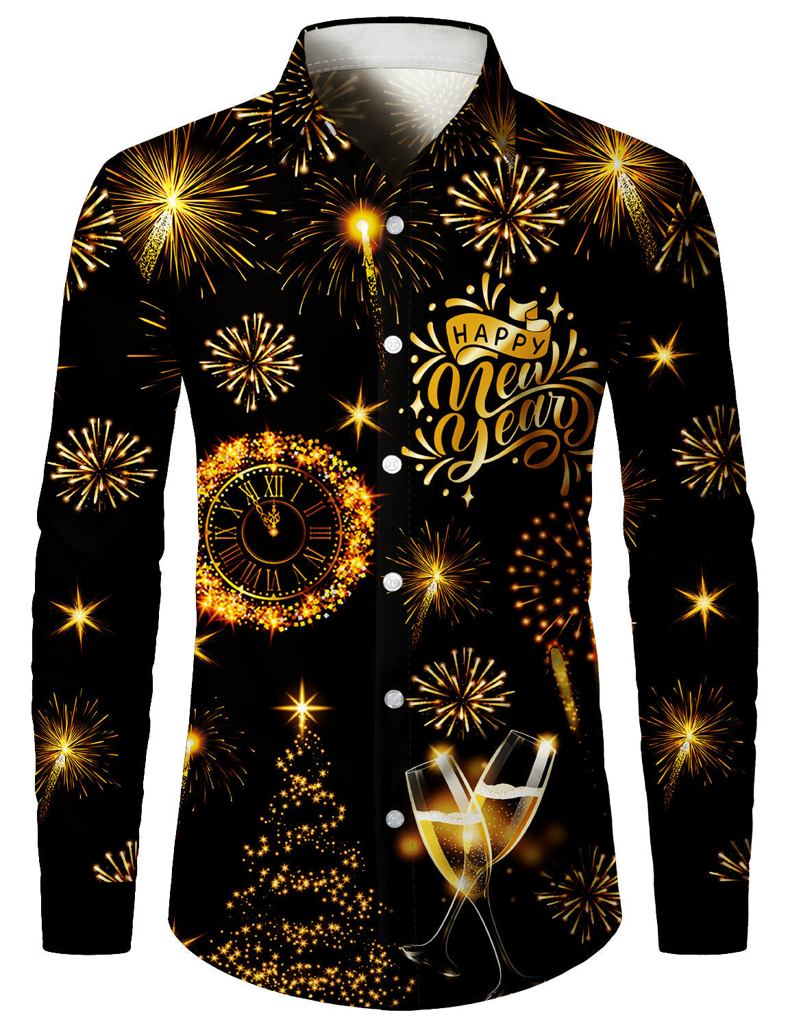 Chemise à manches longues pour hommes avec imprimé de feux d'artifice dorés pour le Nouvel An