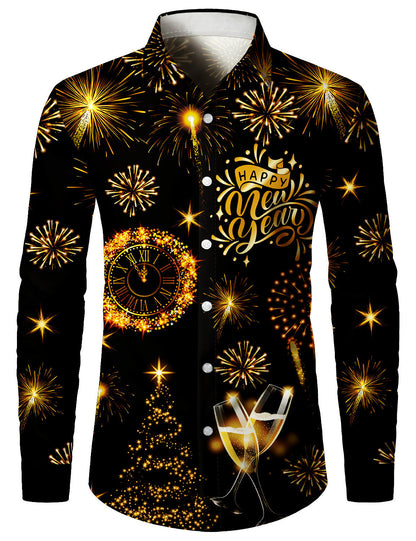 Chemise à manches longues pour hommes avec imprimé de feux d'artifice dorés pour le Nouvel An