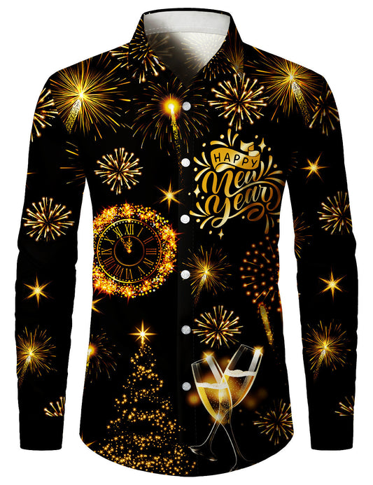Chemise à manches longues pour hommes avec imprimé de feux d'artifice dorés pour le Nouvel An