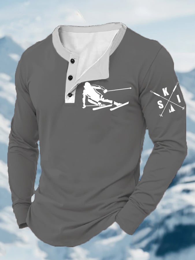 61. T-shirt à manches longues imprimé ski rétro pour homme