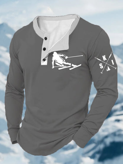 61. T-shirt à manches longues imprimé ski rétro pour homme