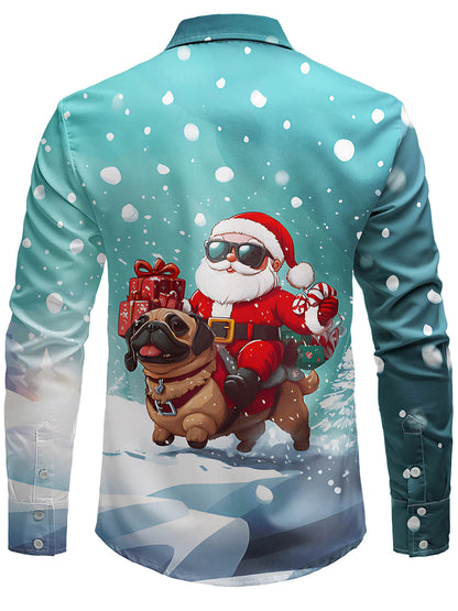 Chemise à manches longues pour homme avec imprimé Père Noël et chien mignon