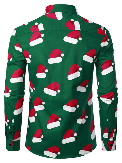 Chemise à manches longues à boutons pour homme avec imprimé chapeau de Noël vert