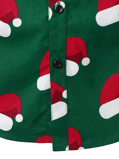 Chemise à manches longues à boutons pour homme avec imprimé chapeau de Noël vert
