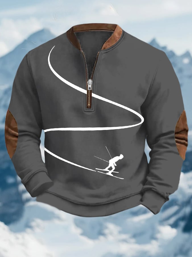 59. Sweat-shirt à col zippé imprimé au design vintage après-ski pour homme