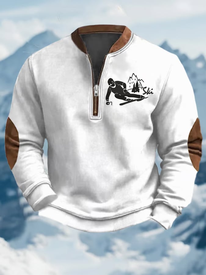 49. Sweat-shirt zippé décontracté à imprimé rétro de ski pour homme