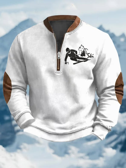 49. Sweat-shirt zippé décontracté à imprimé rétro de ski pour homme