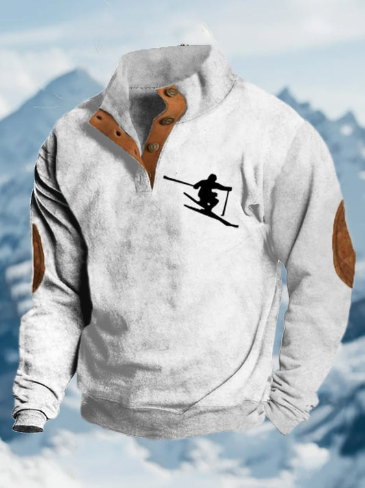 56. Sweat-shirt à col montant et boutons imprimés au design vintage après-ski pour homme