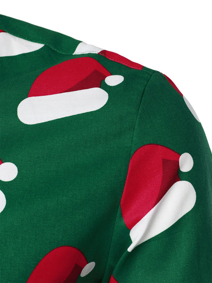 Chemise à manches longues à boutons pour homme avec imprimé chapeau de Noël vert