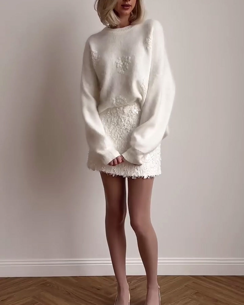Clara ♡ Pull décontracté col rond manches longues couleur unie