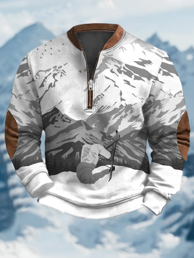 44. Sweat-shirt à col zippé imprimé au design vintage après-ski pour homme