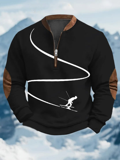 59. Sweat-shirt à col zippé imprimé au design vintage après-ski pour homme