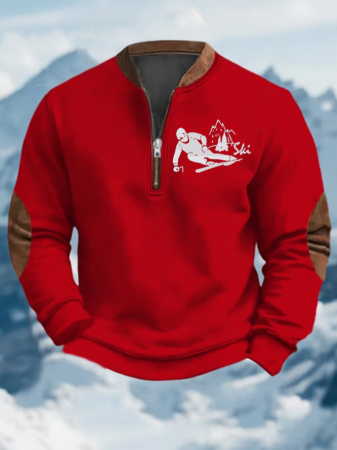 49. Sweat-shirt zippé décontracté à imprimé rétro de ski pour homme