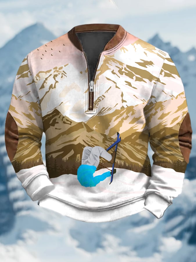 44. Sweat-shirt à col zippé imprimé au design vintage après-ski pour homme
