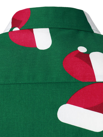 Chemise à manches longues à boutons pour homme avec imprimé chapeau de Noël vert