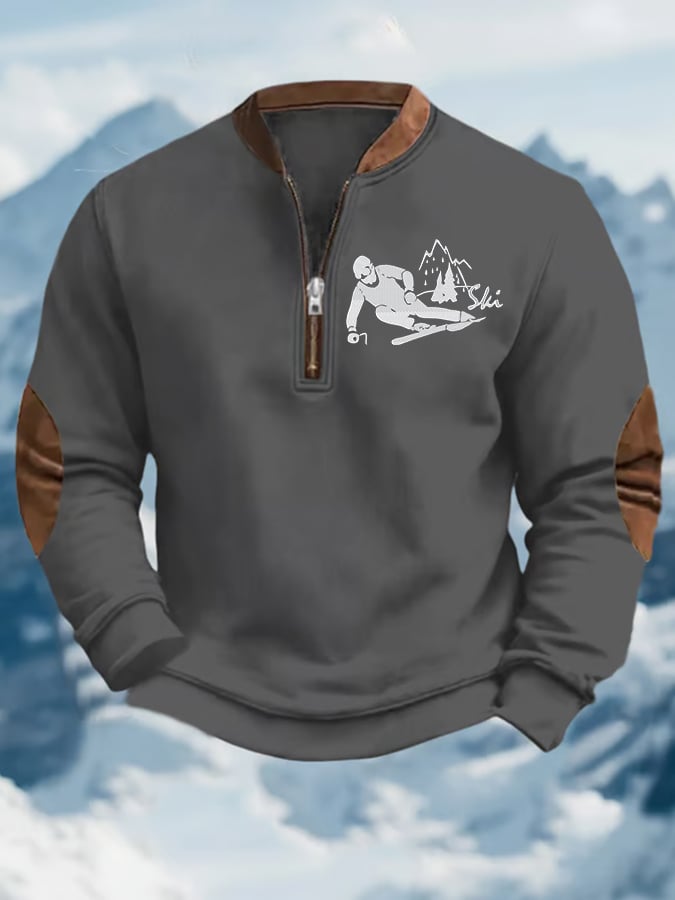49. Sweat-shirt zippé décontracté à imprimé rétro de ski pour homme