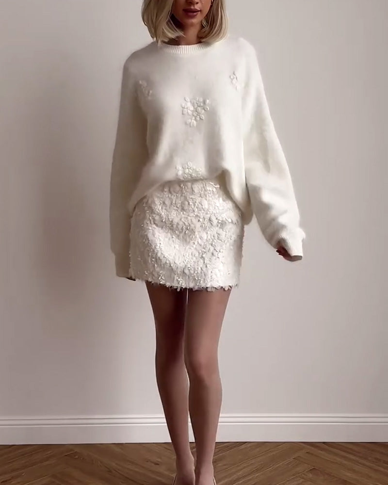 Clara ♡ Pull décontracté col rond manches longues couleur unie