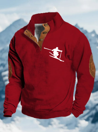 56. Sweat-shirt à col montant et boutons imprimés au design vintage après-ski pour homme