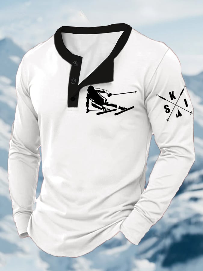 61. T-shirt à manches longues imprimé ski rétro pour homme