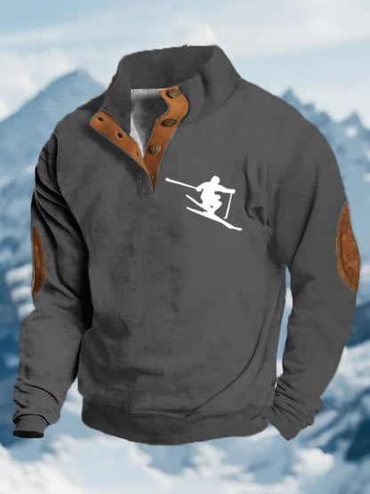 56. Sweat-shirt à col montant et boutons imprimés au design vintage après-ski pour homme