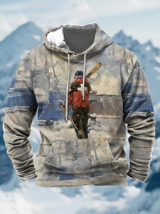 47. Sweat-shirt à capuche avec cordon de serrage imprimé au design vintage après-ski pour homme