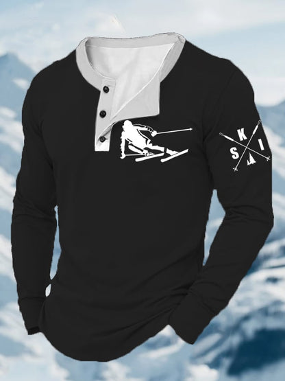61. T-shirt à manches longues imprimé ski rétro pour homme