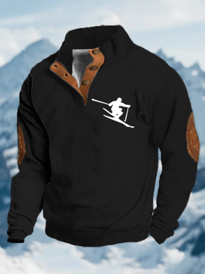 56. Sweat-shirt à col montant et boutons imprimés au design vintage après-ski pour homme