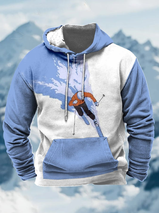 53. Sweat-shirt à capuche avec cordon de serrage imprimé au design vintage après-ski pour homme