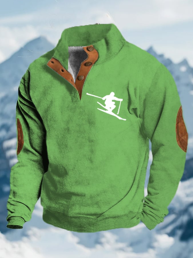 56. Sweat-shirt à col montant et boutons imprimés au design vintage après-ski pour homme