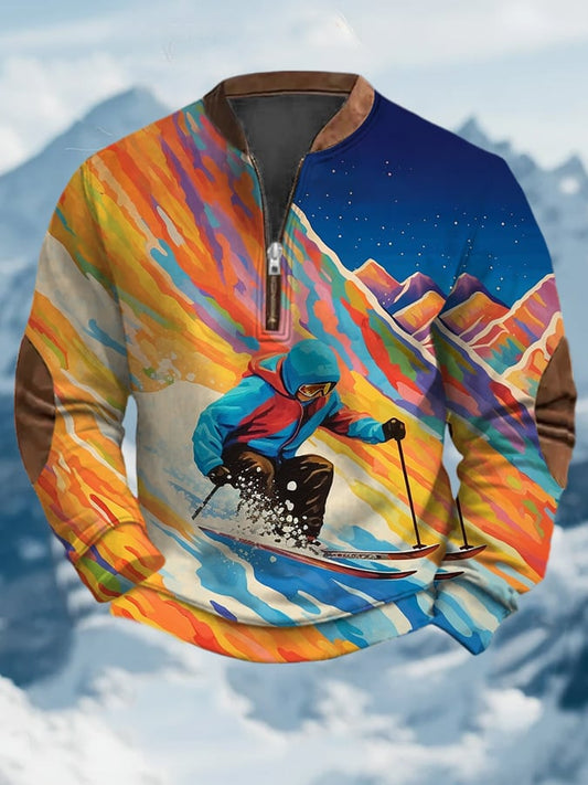 58. Sweat-shirt à col zippé imprimé au design vintage après-ski pour homme