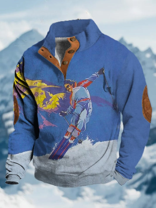 57. Sweat-shirt à col montant et boutons imprimés au design vintage après-ski pour homme