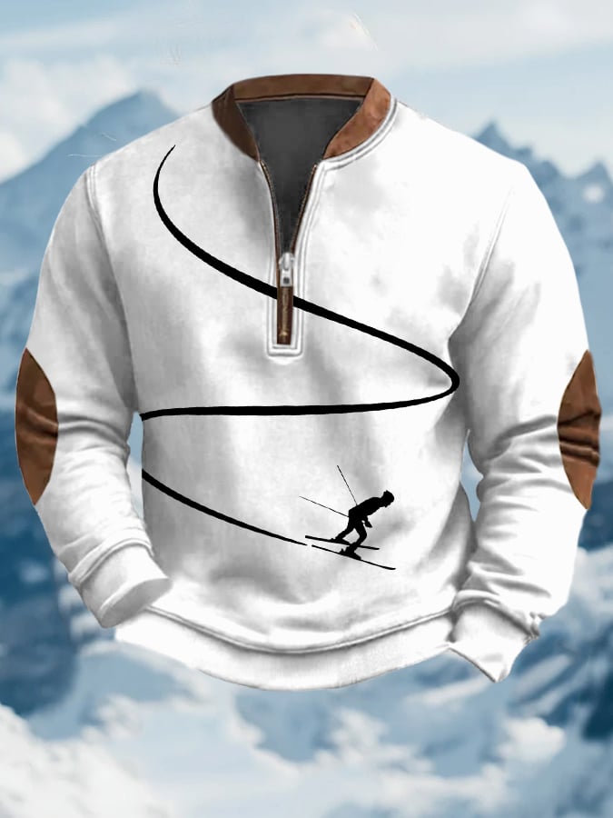 59. Sweat-shirt à col zippé imprimé au design vintage après-ski pour homme
