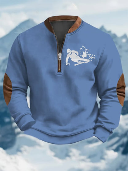 49. Sweat-shirt zippé décontracté à imprimé rétro de ski pour homme