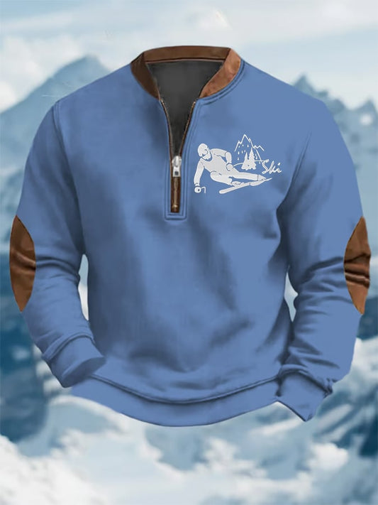 49. Sweat-shirt zippé décontracté à imprimé rétro de ski pour homme
