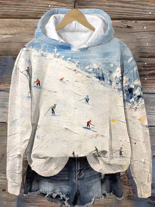 17. Marmotte - Sweat-shirt à capuche décontracté à manches longues et imprimé ski pour femme