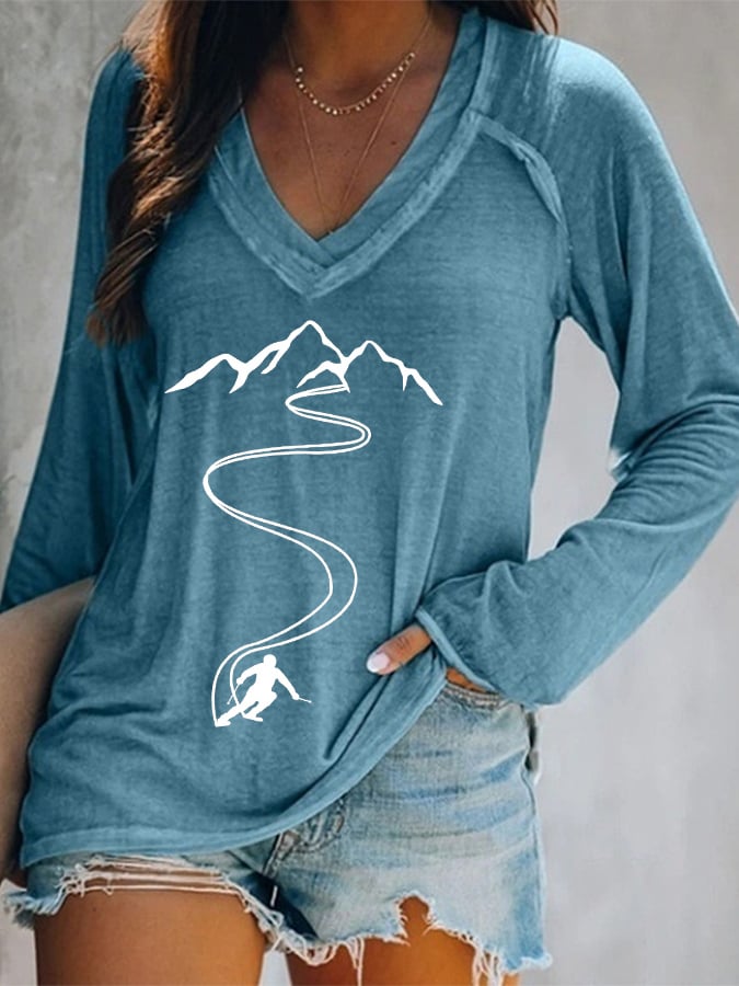 27. Après ski - Haut à col en V imprimé pour passionnées de ski pour femmes