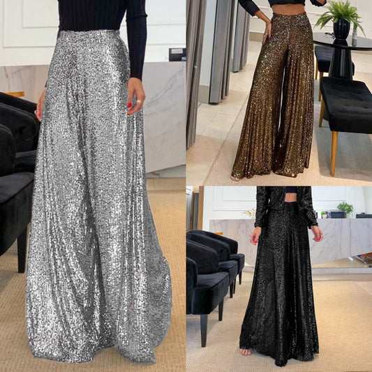 Pauline ♡ Pantalon large taille haute à paillettes tendance