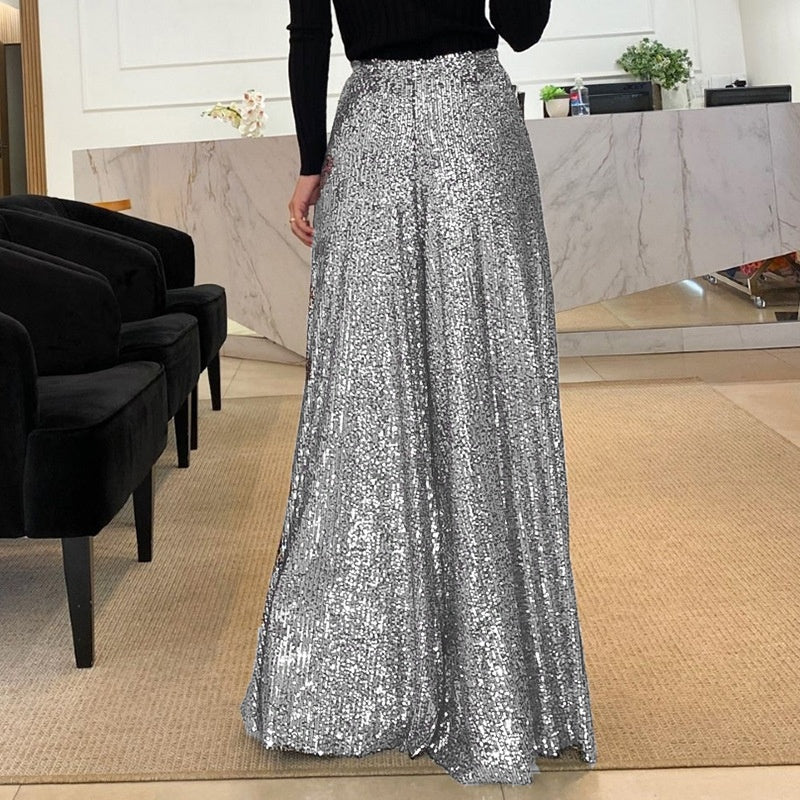 Pauline ♡ Pantalon large taille haute à paillettes tendance